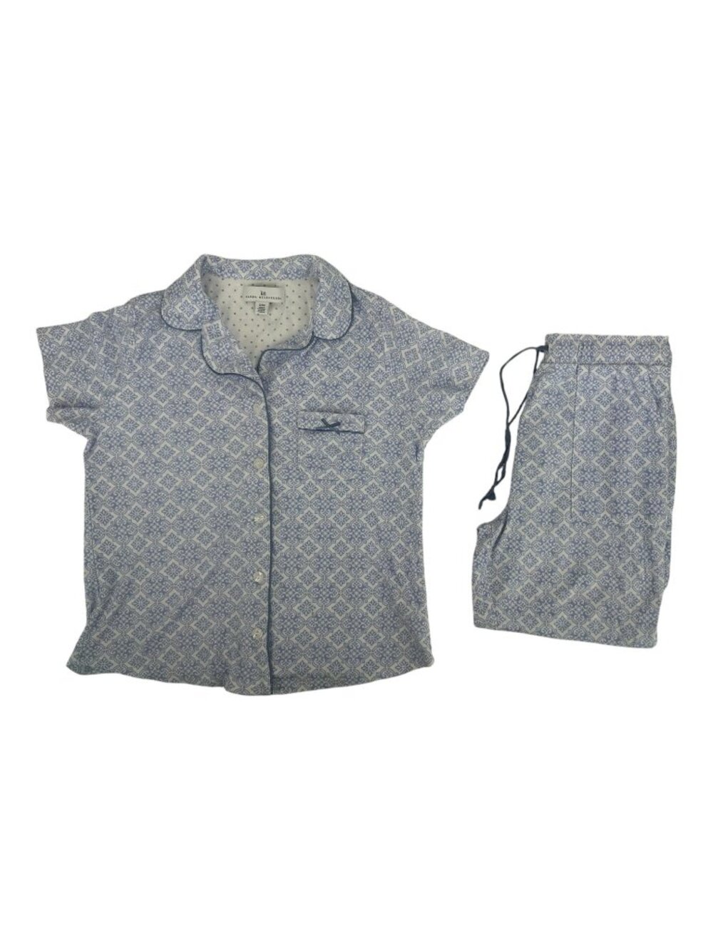 Karen Neuburger 2-Piece Pajama Set Small Blue White Geometric Cotton Loungewear